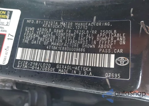 2013 Toyota Avalon Xle z USA, uszkodzony, nr VIN 4T1BK1EB8DU009686